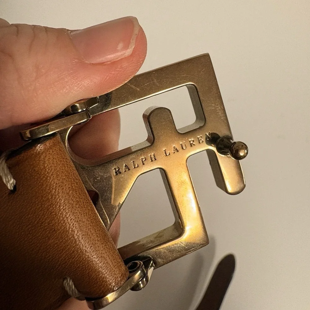 Vintage Ralph Lauren RL Plaque Buckle Leather Belt Made in England 90s Brown XS